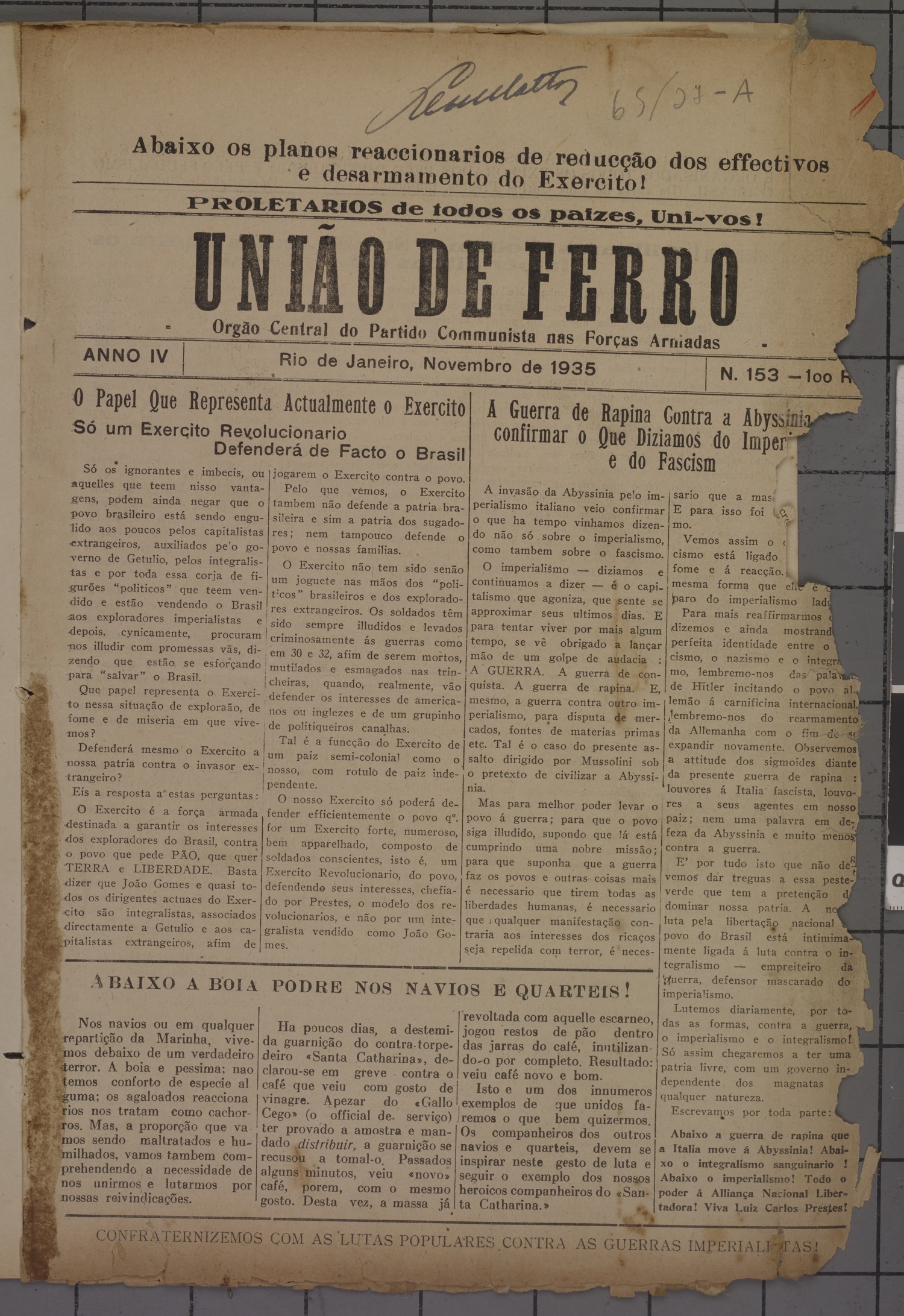 Primeira página do jornal comunista União de Ferro, anos 1930