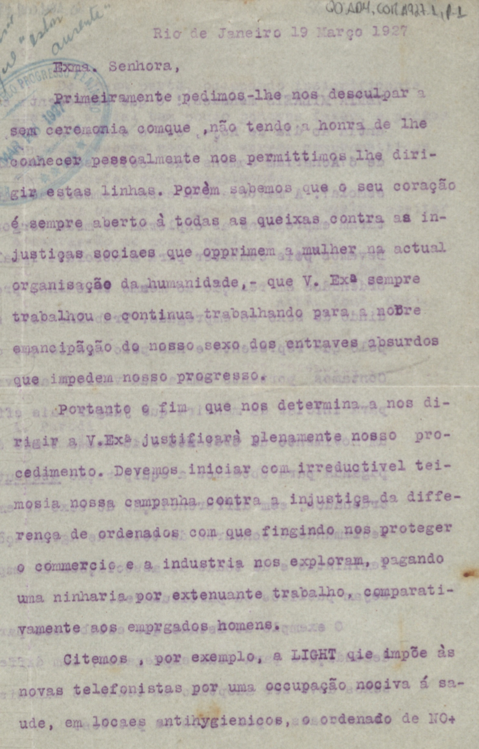 Carta de A. Parodi para Bertha Lutz. Federação Brasileira pelo Progresso Feminino.